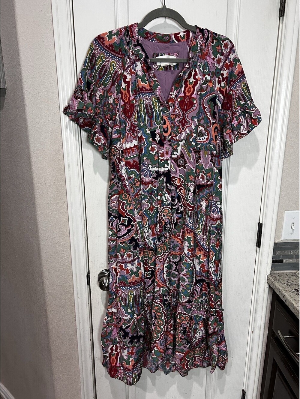 Anthropologie Antoinette lilac floral paisley maxi ruffle sleeve dress XSP - Picture 2 of 7